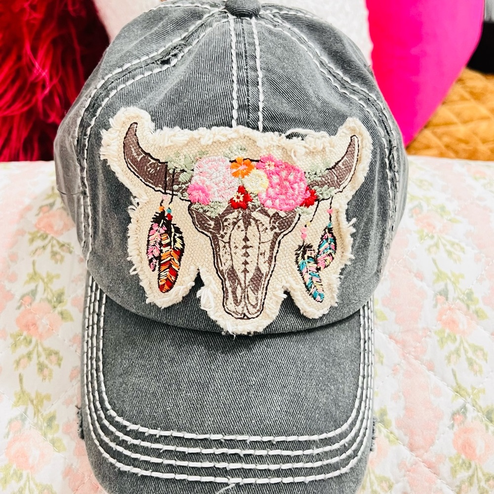 Gray Cap with Embroidered Bull Skull Design